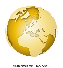 Earth globe. 3D world map with metallic lands dropping shadows on gold surface. Vector illustration.