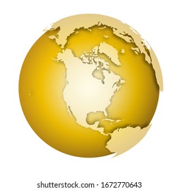 Earth globe. 3D world map with metallic lands dropping shadows on gold surface. Vector illustration.