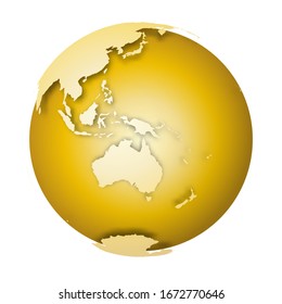 Planeta terrestre. Mapa mundial en 3D con tierras metálicas cayendo sombras sobre la superficie dorada. Ilustración vectorial.