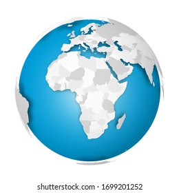 Earth globe. 3D world map with grey political map of countries dropping shadows on blue and oceans. Vector illustration.