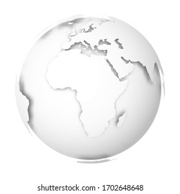 Earth globe. 3D world map with white lands dropping shadows on light grey seas and oceans. Vector illustration.