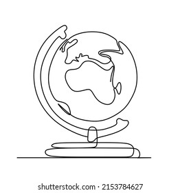 Earth globe above books stack. Single continuous line world global map graphic icon. Simple one line doodle for education concept. Isolated vector illustration minimalist design on white background