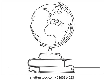 Earth globe above books stack. Single continuous line world global map graphic icon. Simple one line doodle for education concept. Isolated vector illustration minimalist design on white background