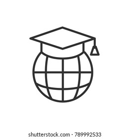 earth globe with academic cap. linear icon. Line with Editable stroke