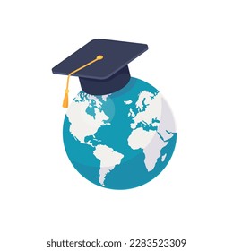 Earth globe in academic mortarboard graduation cap. Study abroad, international exchange, e-learning, distance online education. Vector illustration isolated on white background. For web, app and more