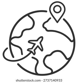 Earth globe with airplane flight path and location pin, global travel navigation vector illustration on transparent background
