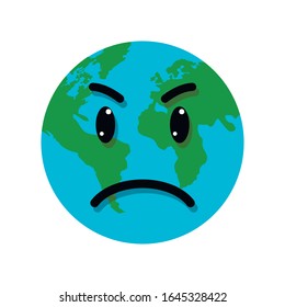 Earth globe angry emotion face vector illustration isolated on a white backgorund.Earth face .Earth emotion.Angry planet.Save planet concept 