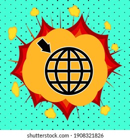 Earth globe and arrow sign, pop art explosion, vector illustration for design