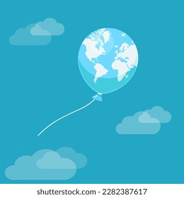 Earth globe as balloon with World map flying in sky. Saving planet concept. Flat vector illustration on blue background. Can be used Happy earth day greeting card, flyer, banner, poster etc. 