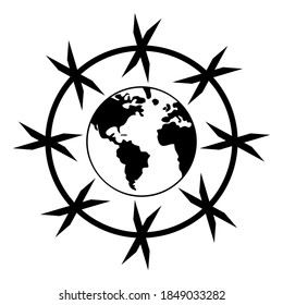 Erdglobe und Stacheldraht, schwarz auf weißem Hintergrund, Zeichen für Design, Vektorgrafik