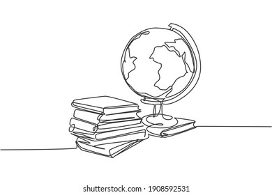 Earth globe beside books stack. Continuous one line drawing minimalist vector illustration design on white background. Simple line modern graphic style. Hand drawn graphic concept for education