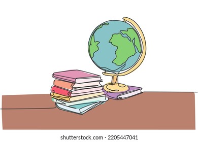 Earth globe beside books stack. Continuous one line drawing minimalist vector illustration design on white background. Simple line modern graphic style. Hand drawn graphic concept for education