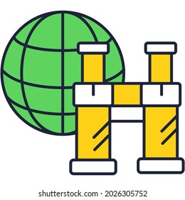 Earth globe and binocular flat vector. Global data research and analysis service icon line design isolated on white background