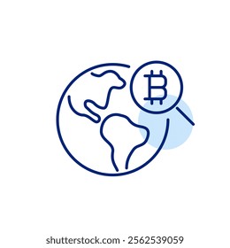 Earth globe, bitcoin and magnifying glass. Synchronized crypto currency exchanges worldwide. Pixel perfect, editable stroke icon