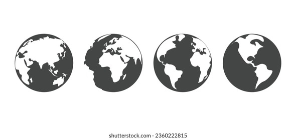 Earth globe black icon set. Planet hemispheres with continents. World map different sides. Vector illustrations.