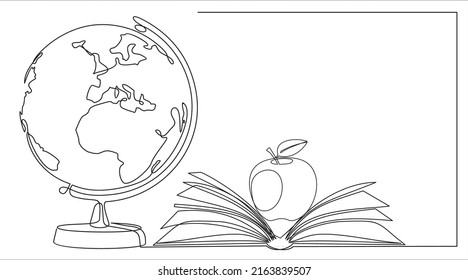 Earth globe, book and apple on desk. Continuous one line drawing. One line vector illustration. Order a banner for one line drawing.  