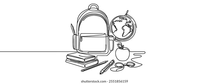 Earth globe, book and apple on desk. Continuous one line drawing. One line vector illustration. Order a banner for one line drawing