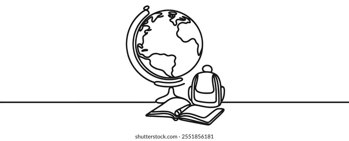 Earth globe, book and apple on desk. Continuous one line drawing. One line vector illustration. Order a banner for one line drawing