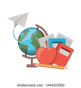 earth globe with books and apple fruit on white background