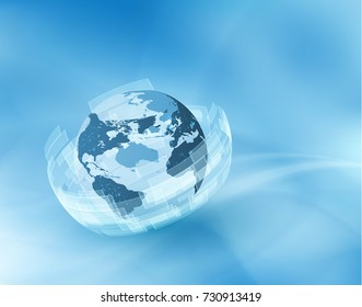 Earth globe business background with rising sun burst and transparent rectangles encircling world map can be used for finance presentations, news backdrop, or corporate annual report. EPS10.