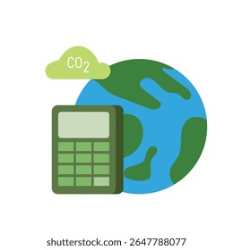 O globo terrestre e a calculadora se sentam ao lado de uma nuvem verde mostrando CO2 em um estilo de ilustração plano, simbolizando cálculos ambientais e rastreamento de emissões para projetos temáticos de sustentabilidade.