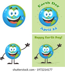 Earth Globe Cartoon Character Flat Design. Vector Collection Set Isolated On White Background
