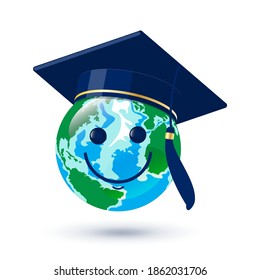 Earth globe cartoon character in graduation hat, dark blue mortarboard, happy smiling . Symbol of international high education.  Colorful vector illustration with shadow, isolated at white background.