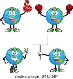 Earth Globe Cartoon Character Poses. Vector Collection Set Isolated On White Background