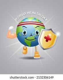 Earth globe cartoon character showing muscle arms while holding shield
