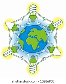 earth globe cartoon with compact fluorescent light bulbs