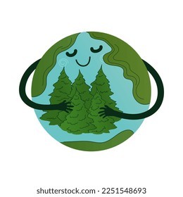 Earth globe character hugging coniferous trees vector illustration. Save planet concept. International forest day. Clip art element Isolated on white background