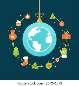Earth Globe and Christmas Decorations. Christmas and New Year Celebrations Around the World. Flat Design