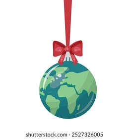 Earth globe Christmas ornament with red ribbon. Festive holiday decoration. World sustainability concept. Earth Globe Christmas Ornament  illustration isolated on white background. Global unity vector