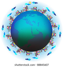 earth globe with city scape - environmental concept, vector