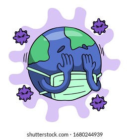 El globo terrestre cierra sus ojos con monstruos de virus en todo el mundo para el mundo con miedo al pánico durante el diseño del concepto de epidemia global del coronavirus covid-19