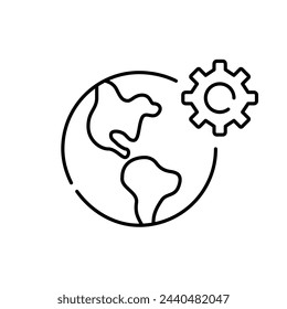 Globo terrestre y rueda dentada. Integración e innovación tecnológica global. Red de ingeniería. Icono de píxel editable perfecto