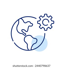 Earth globe and cogwheel. Global technology integration and innovation. Engineering network. Pixel perfect vector icon