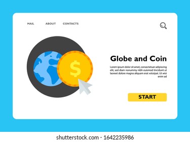 Earth globe with coin in circle and arrow. Wealth, online, dollar. Money concept. Can be used for topics like finance, business, banking.