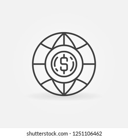 Earth globe with coin inside vector icon or symbol in thin line style