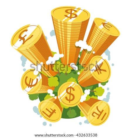 Earth globe with coins stacks growing through the sky like money skyscrapers. World reserve currencies concept. Flat style vector illustration clipart.