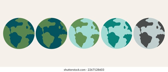 Earth globe collection in different colors. World globe map in modern simple styles. World maps isolated on a white light white background. Vector illustration in a flat style.