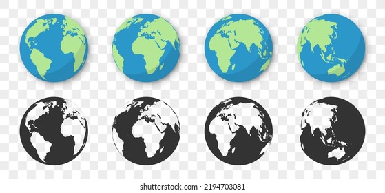 Colección del globo terrestre de diseño diferente. Mapa mundial en iconos de globo terráqueo