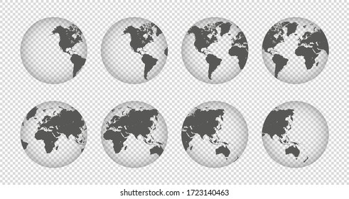 Earth globe collection icons. Hemispheres with continents on transparent background. Vector illustration.