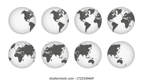 Earth globe collection icons. Hemispheres with continents. Vector illustration.