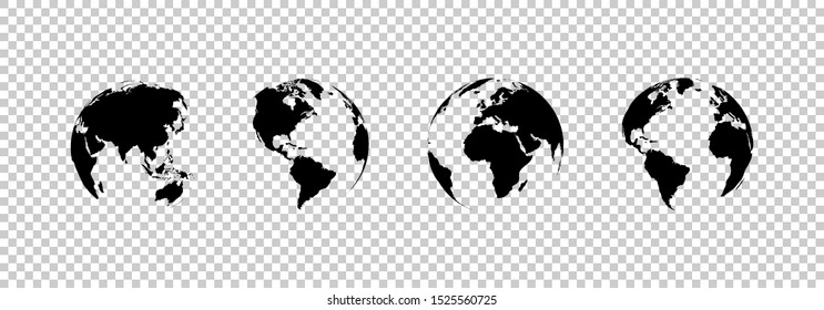 earth globe collection. set of black earth globes, isolated on transparent background. four world map icons in flat design. earth globe in modern simple style. world maps for web design. vector 