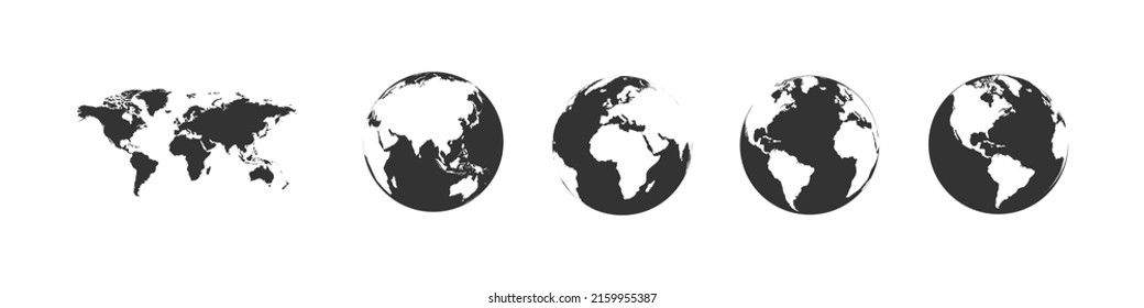 Colección del globo terrestre. Conjunto de globos de tierra negra con mapa. Iconos de mapas del mundo en diseño plano. El globo terrestre en un estilo simple y moderno. Mapas mundiales para el diseño web