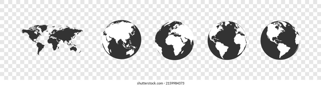 Earth globe collection. Set of black earth globes with map. World map icons in flat design. Earth globe in modern simple style. World maps for web design