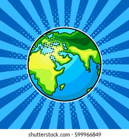 Earth globe comic book pop art retro style vector illustration