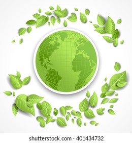 Earth globe concept for design banner,ticket, leaflet and so on.Template page for Earth day. Holiday card. Green globe and leaves.