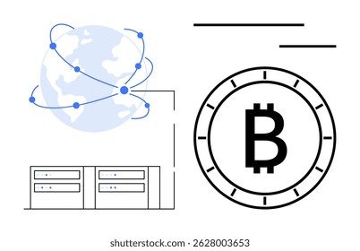 Earth globe connected by nodes, representing a digital network, and a large Bitcoin symbol next to blockchain servers. Ideal for cryptocurrency, blockchain, fintech, global finance, data storage